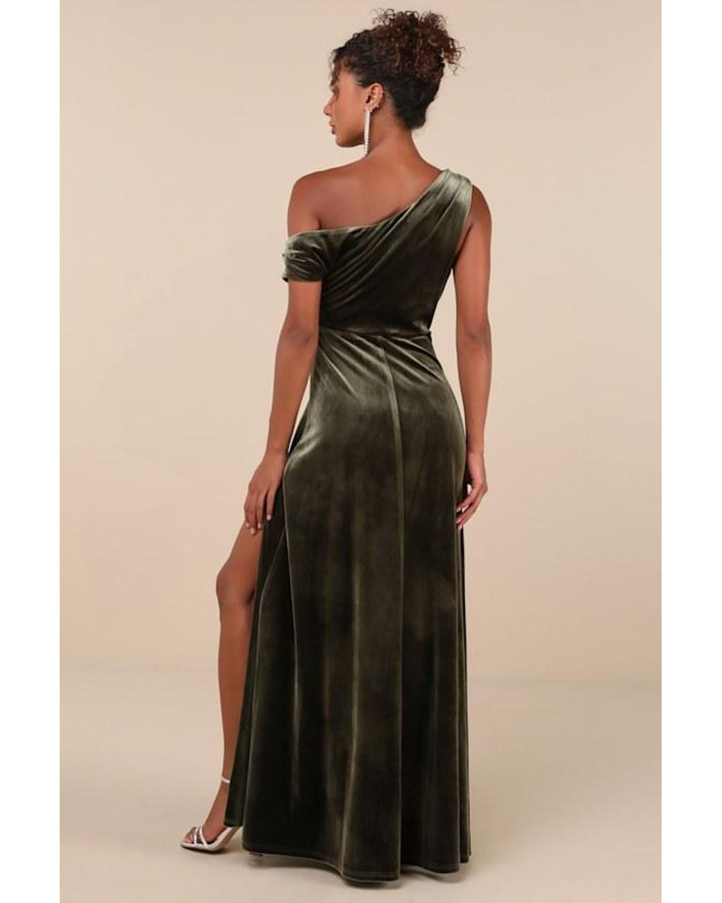 Lulus Natural Coveted Confidence Velvet Asymmetrical Maxi Dress