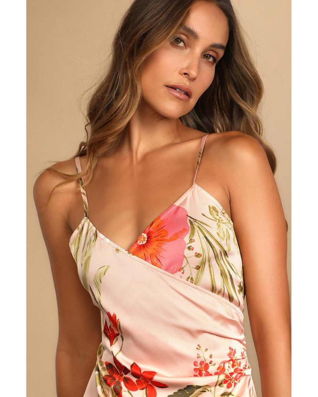 Lulus Natural Remarkable Entrance Floral Print Satin Midi Dress