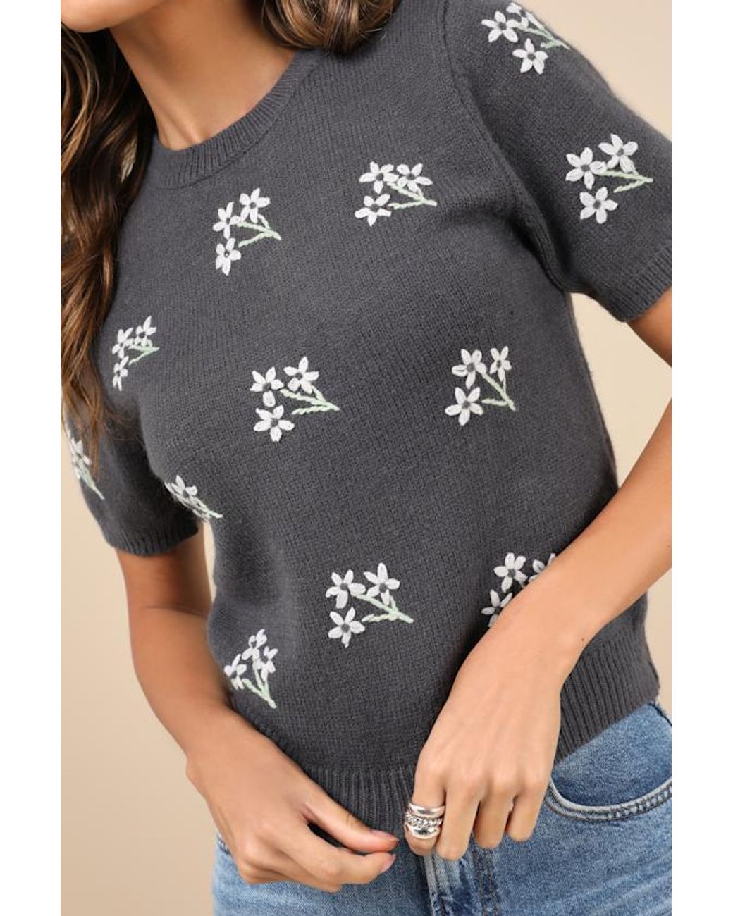 Lulus Gray Sweet Fave Embroidered Short Sleeve Sweater Top