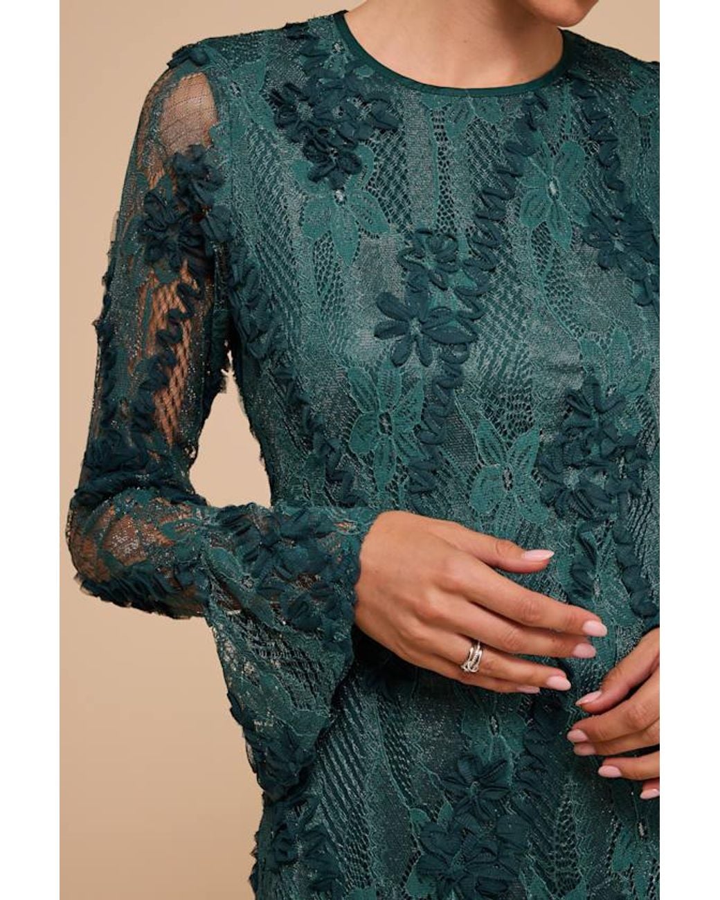 Lulus Blue Darling Era Emerald Lace Long Sleeve Ruffled Mini Dress