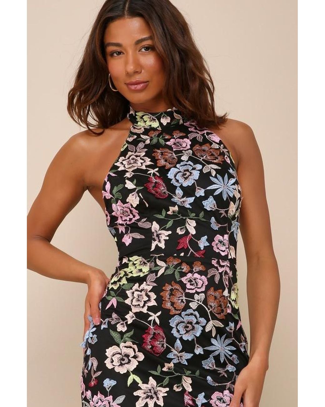 Lulus Natural Infinite Praise 3D Floral Embroidered Halter Maxi Dress