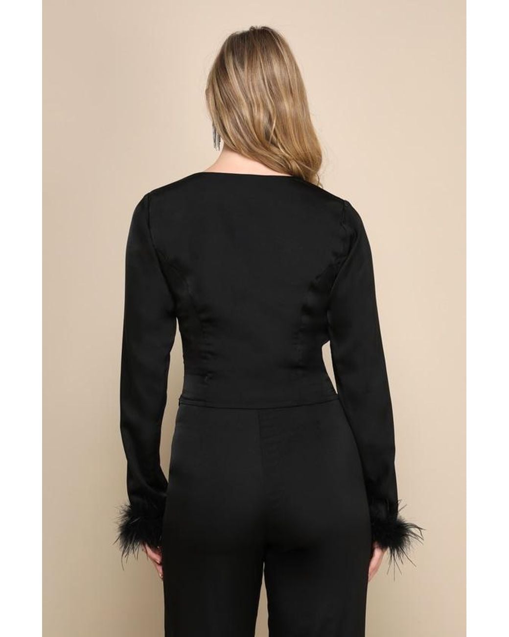 Lulus Black Premium Aura Satin Feather Long Sleeve Crop Top