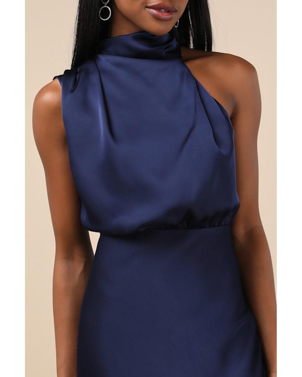 Lulus Blue Distinctive Charm Satin Asymmetrical Midi Dress