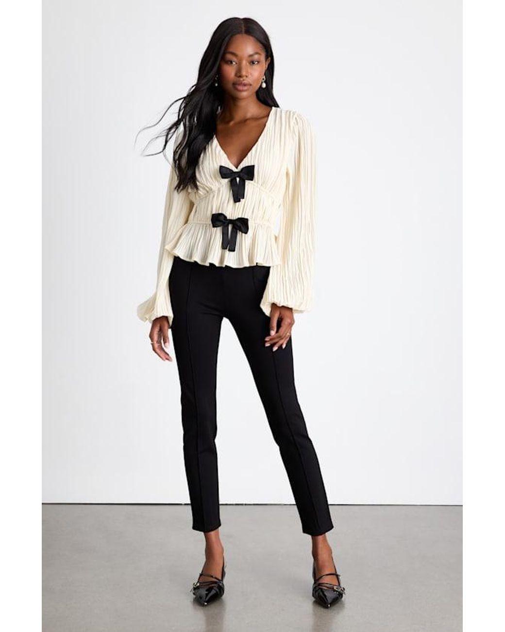 Lulus Black Yvetta Cream Plisse Balloon Sleeve Bow Top