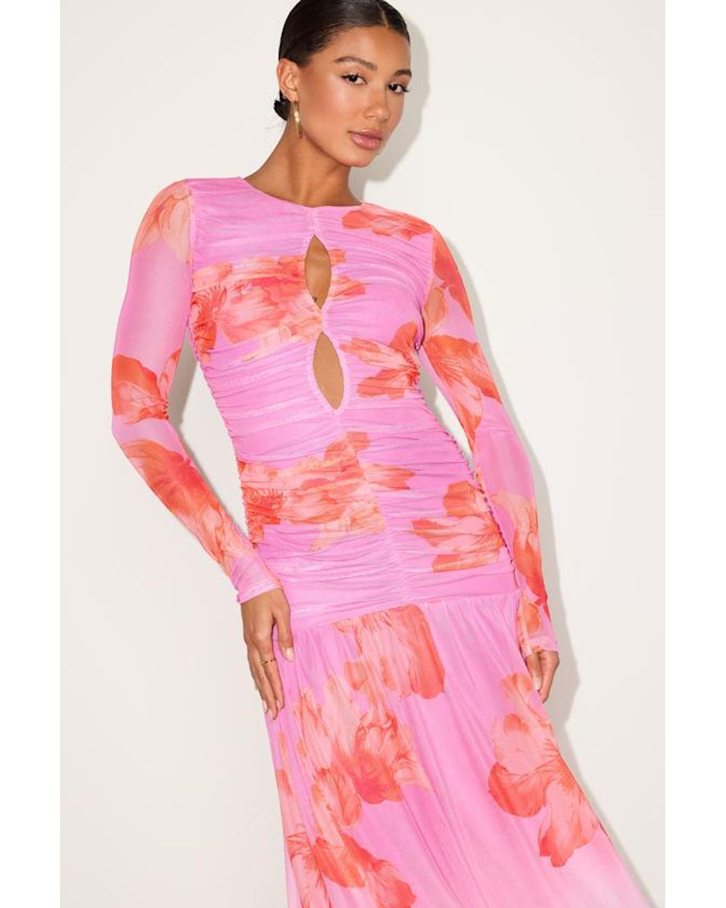 Lulus Pink Alexius Floral Mesh Cutout Long Sleeve Maxi Dress