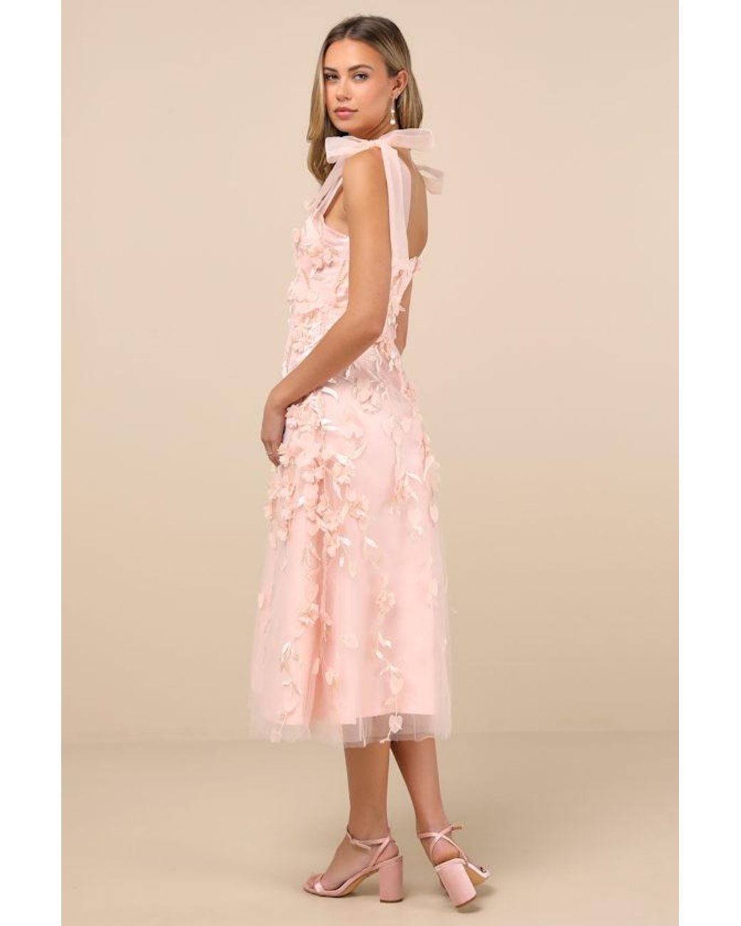 Lulus Natural Effortlessly Sweet Blush Tulle 3D Floral Tie-Strap Midi Dress