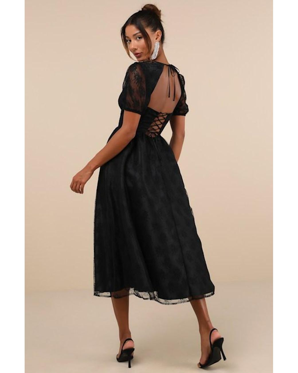 knee length dresses for ladies Black Bustier Mesh Lace Tiered Midi Dress