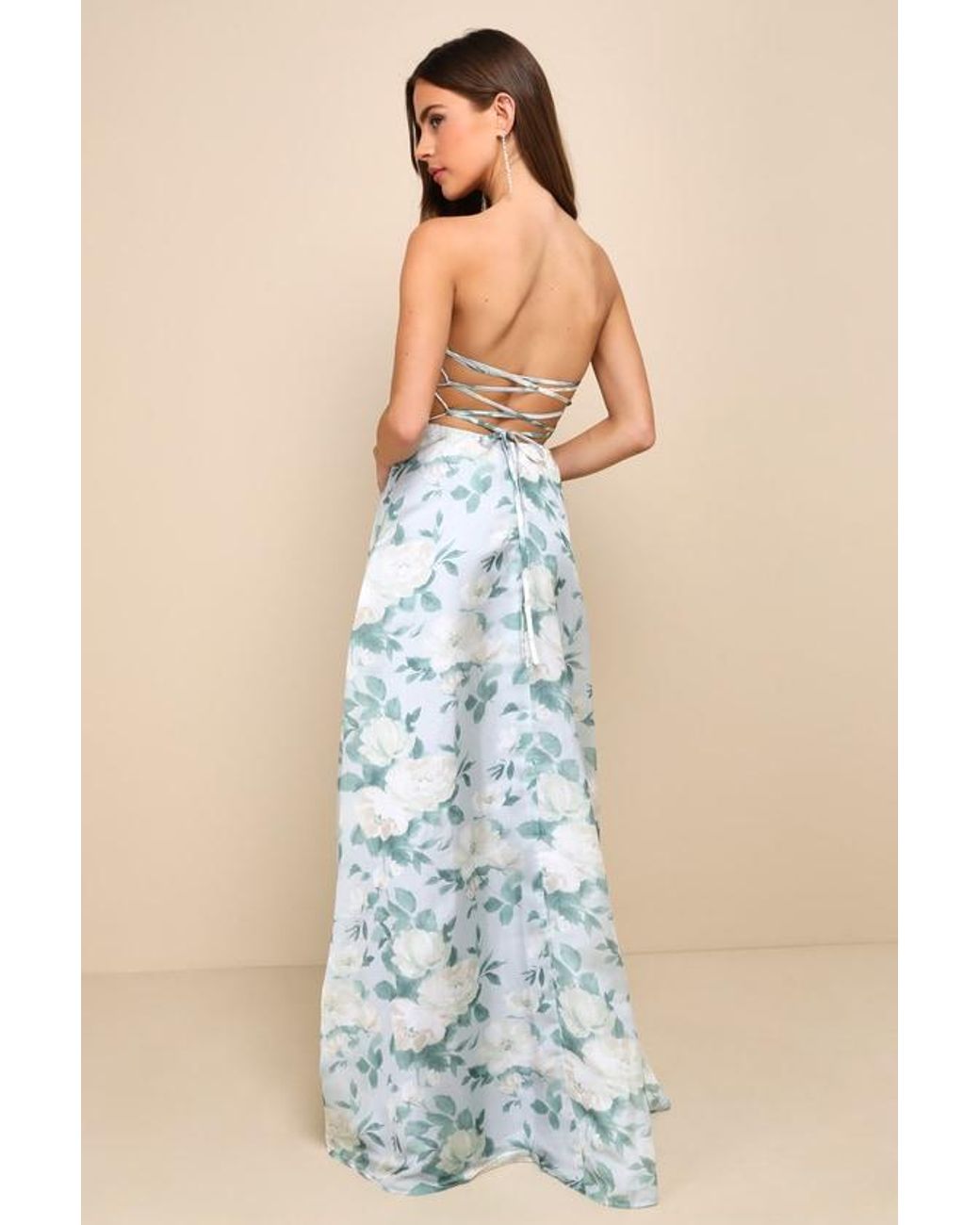 Lulus Exceptional Sight Floral Lace-Up Strapless Maxi Dress in Blue | Lyst
