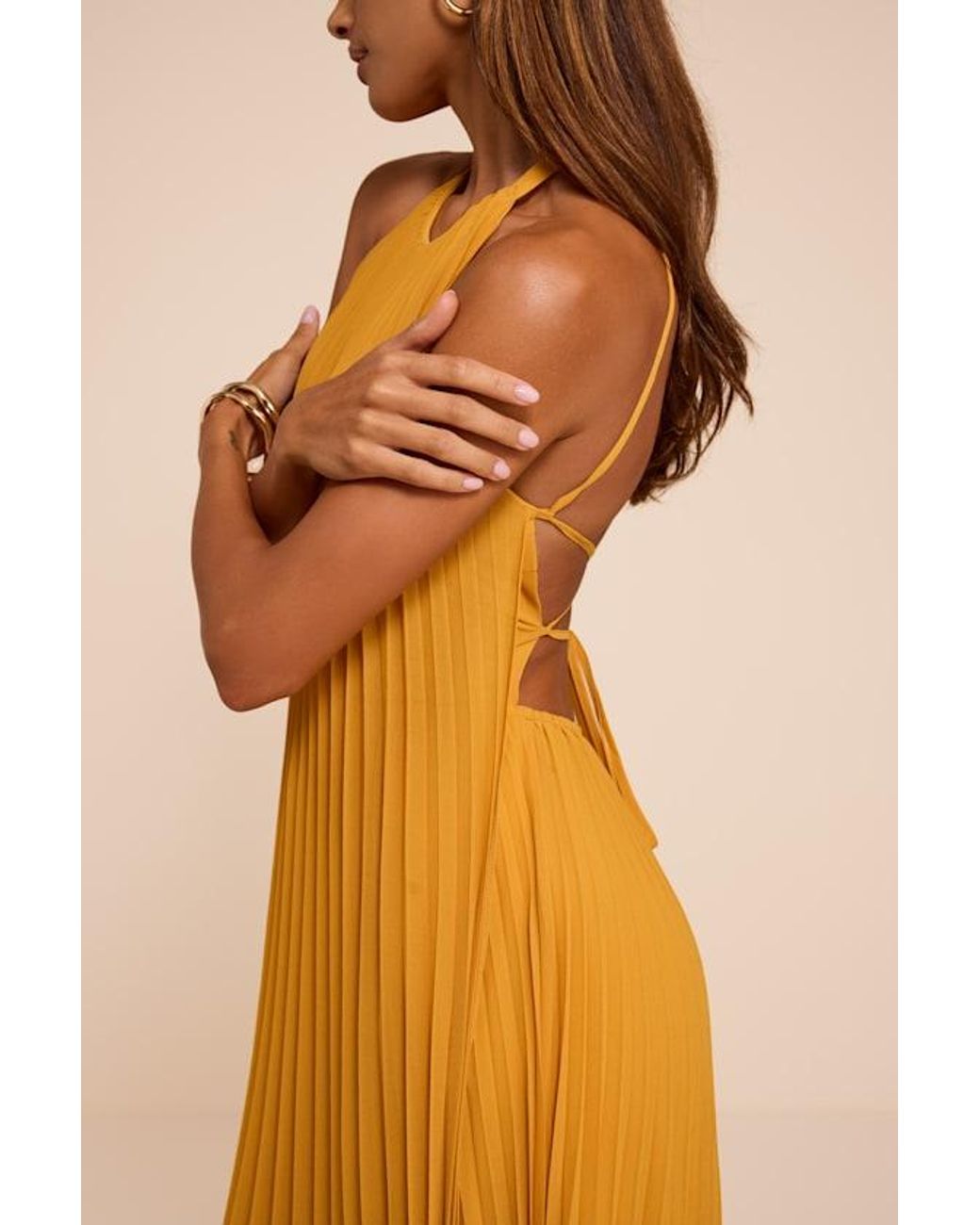 Lulus Yellow Dorala Pleated Lace-Up Tiered Maxi Dress