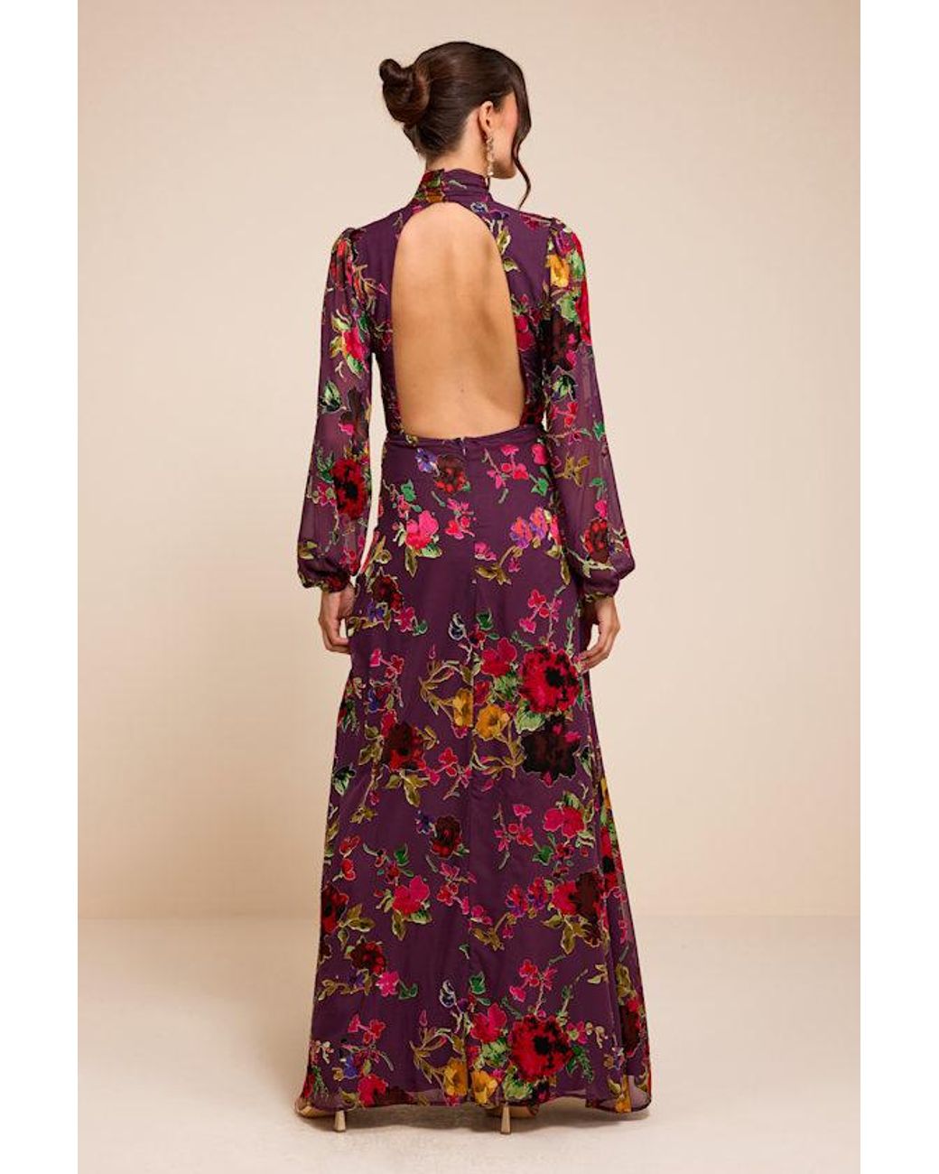 Lulus Purple Graceful Arrival Plum Floral Burnout Backless Maxi Dress