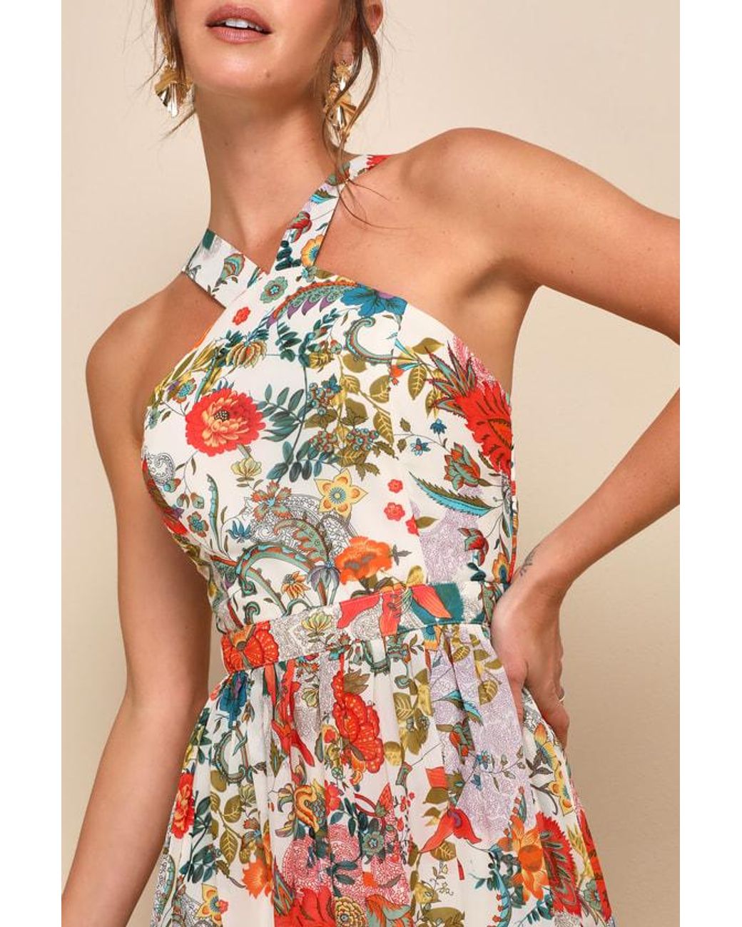 knee length dresses for ladies Pastel Yellow Floral Print Mesh Lace Maxi Dress main image 0