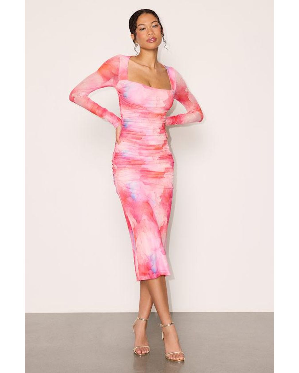 Lulus Pink Sola Multi Abstract Print Mesh Midi Dress