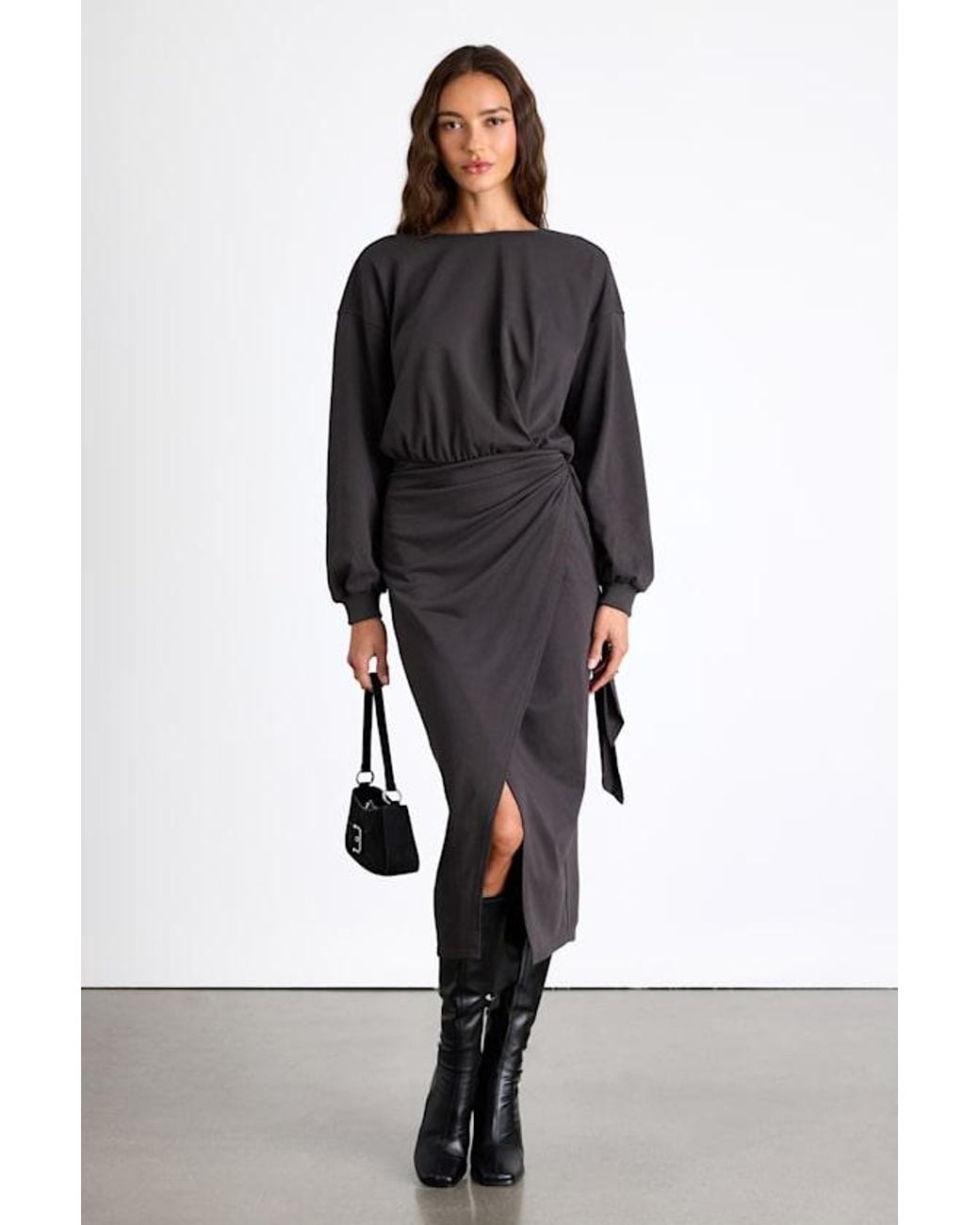 Lulus Black Eunia Jersey Knit Long Sleeve Wrap Midi Dress