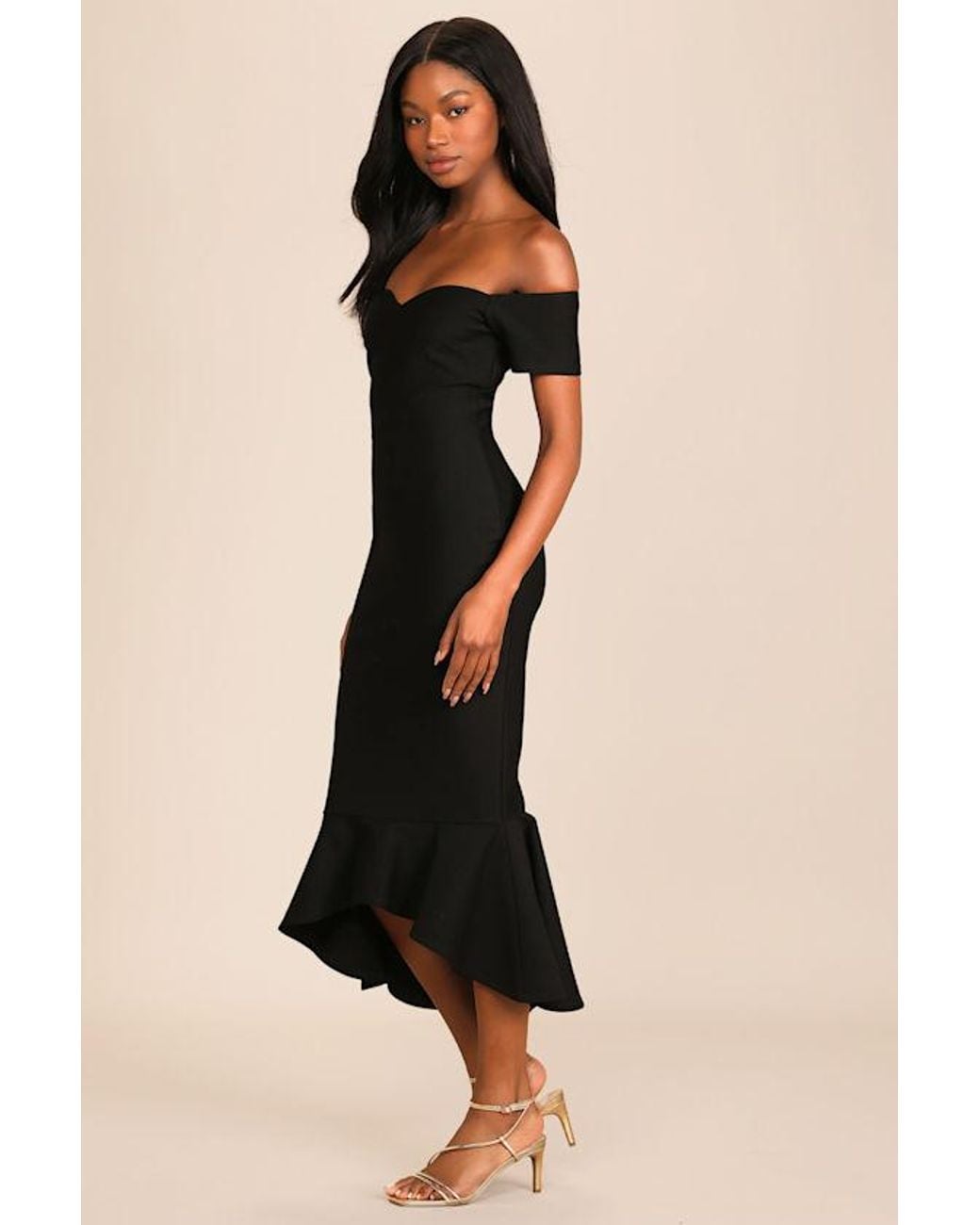 Lulus Black How Much I Care Off-The-Shoulder Midi Dress