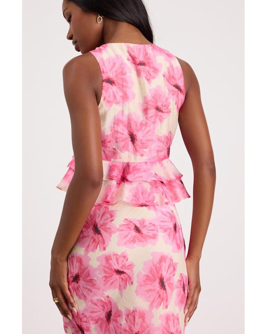Lulus Pink Lilith Cream And Floral Ruffled Tank Top