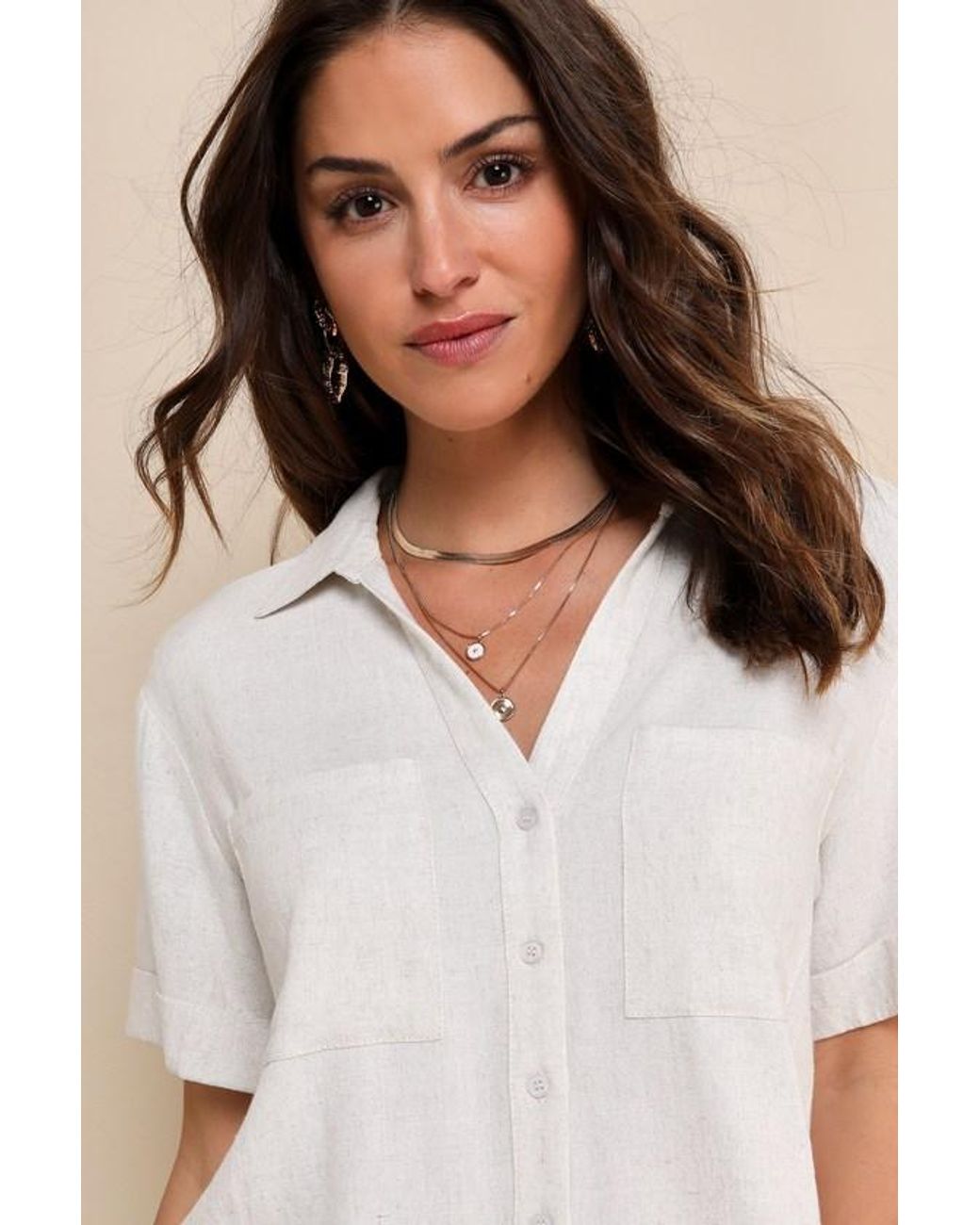 Lulus Natural Summer Escapades Linen Collared Button-Up Top