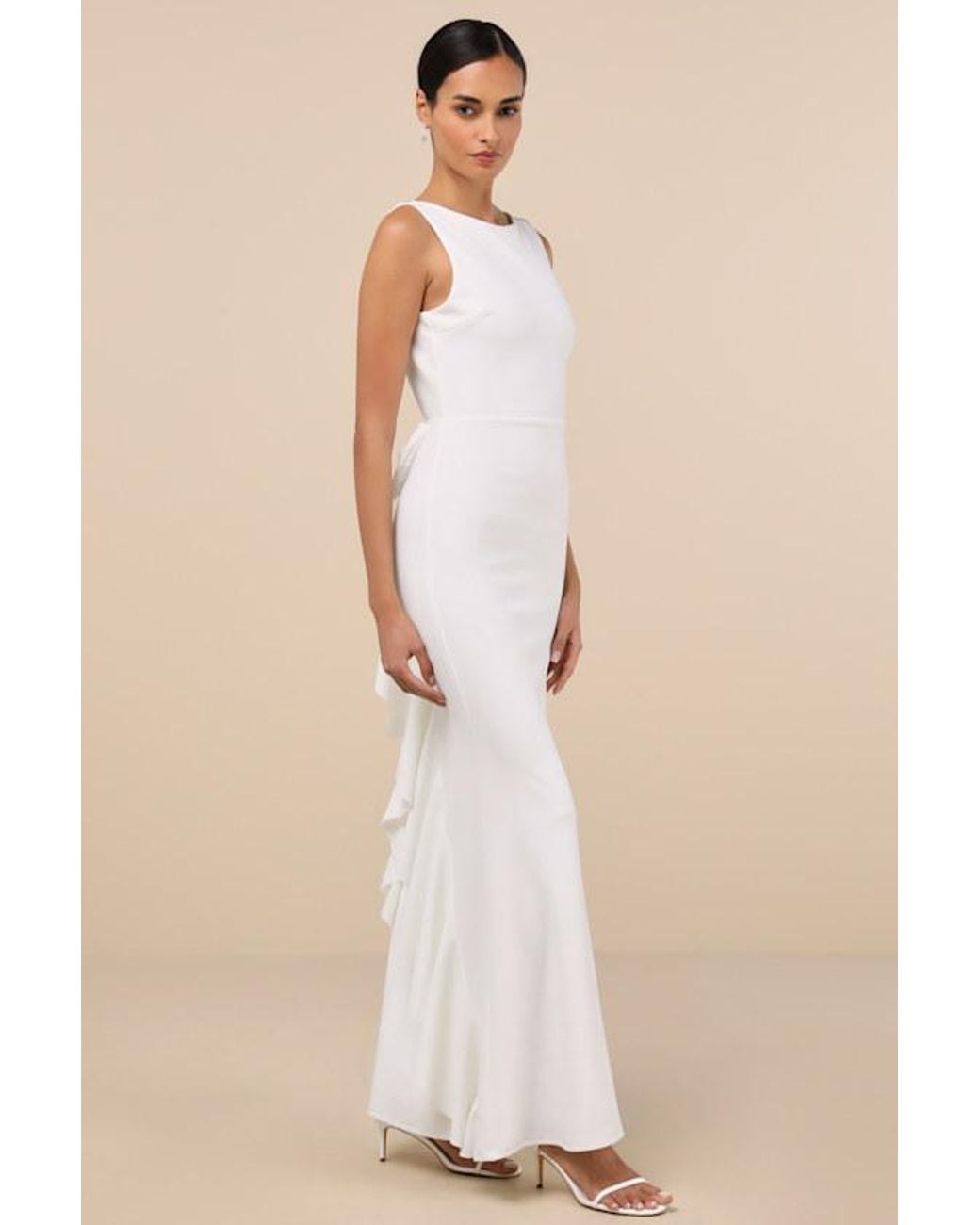Lulus Natural Exquisite Refinement Backless Bow Ruffled Maxi Dress