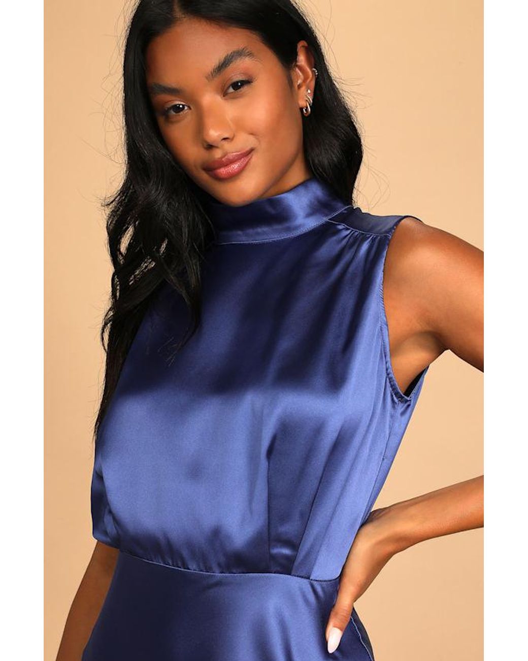 Lulus Blue Classic Elegance Satin Sleeveless Mock Neck Maxi Dress