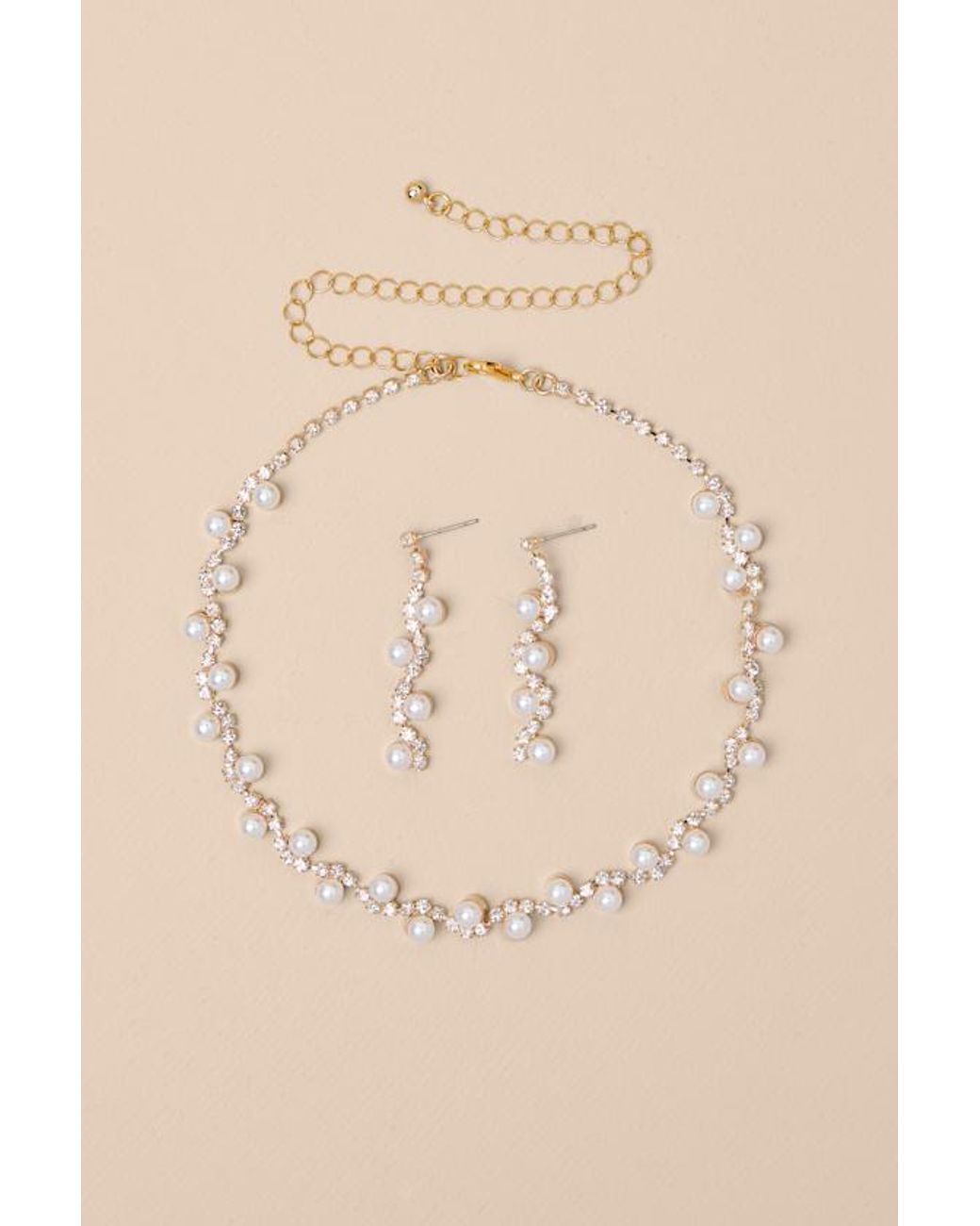 Lulus Natural Haleema Pearl Rhinestone Necklace And Earring Set