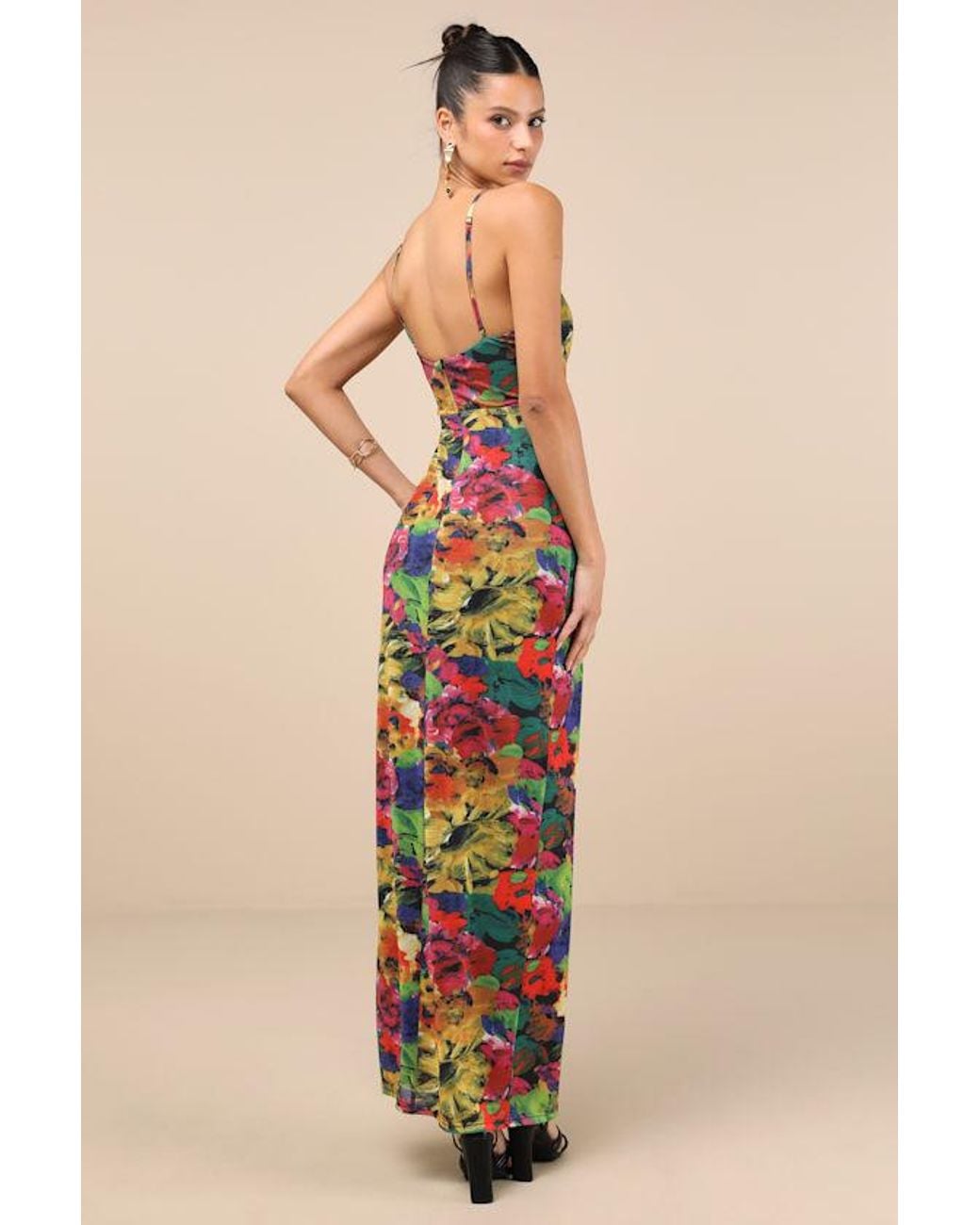 Lulus Blue Sunniva Multi Print Mesh Cowl Maxi Dress