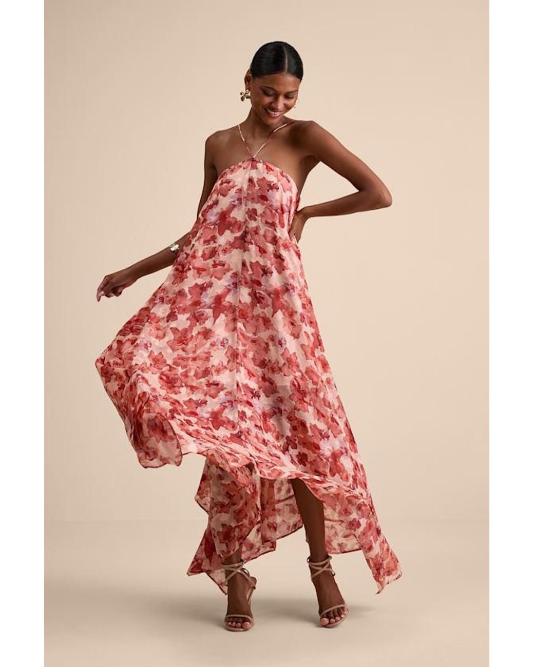 Lulus Pink Dezzi Blush Multi Floral Halter Shift Maxi Dress