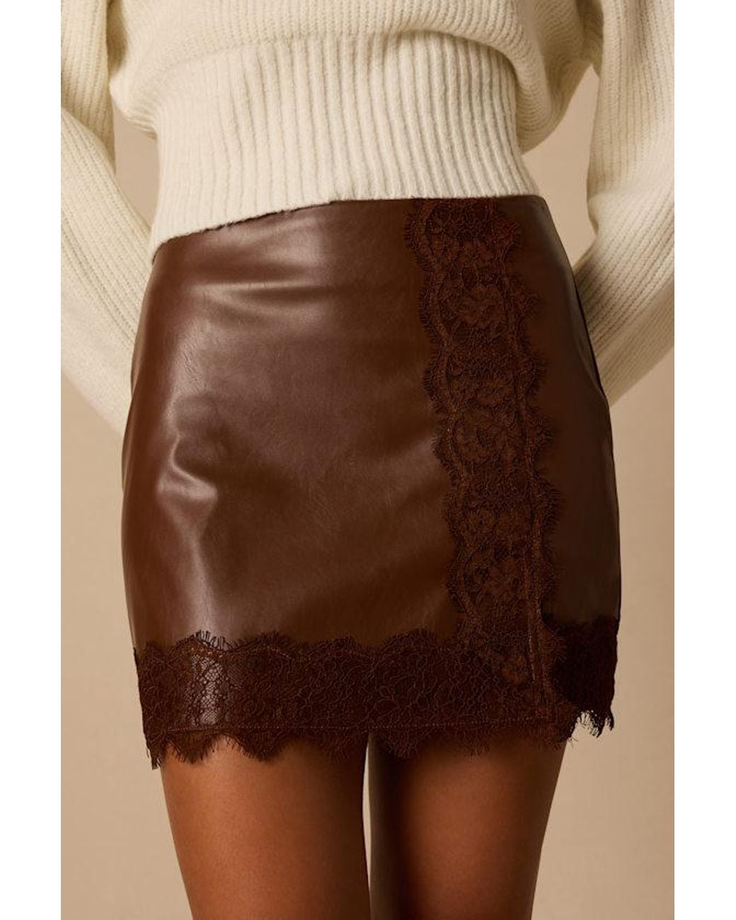 Lulus Natural Dayva Dark Vegan Leather Lace Mini Skirt