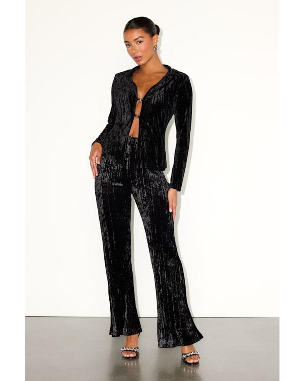 Lulus Black Saelora Crushed Velvet Clasp-Front Long Sleeve Top