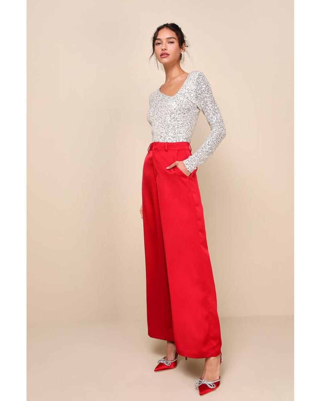 Lulus Red Unique Vibe Sequin Asymmetrical Long Sleeve Top