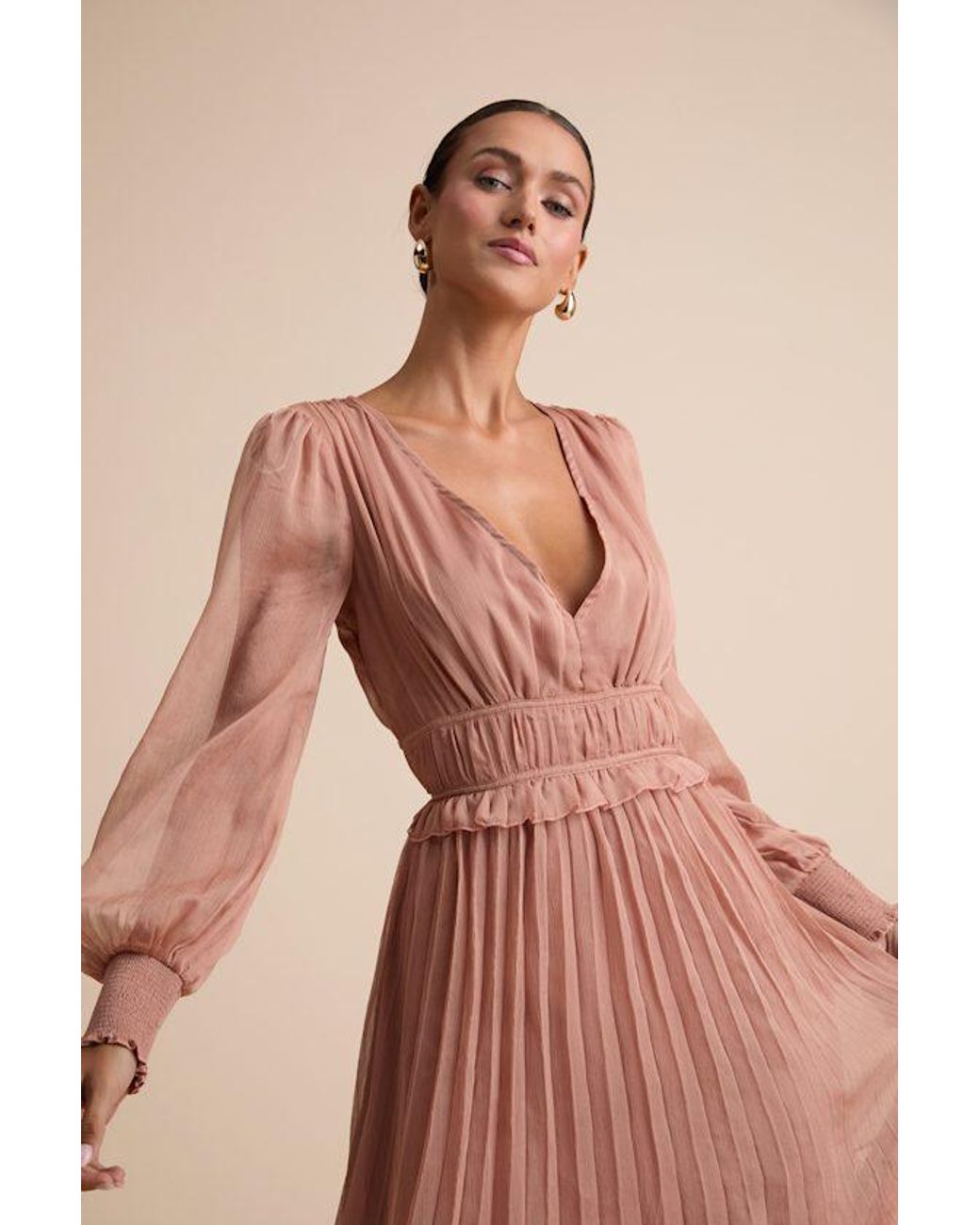 Lulus Pink Cambree Pleated Blouson Sleeve Lace Midi Dress
