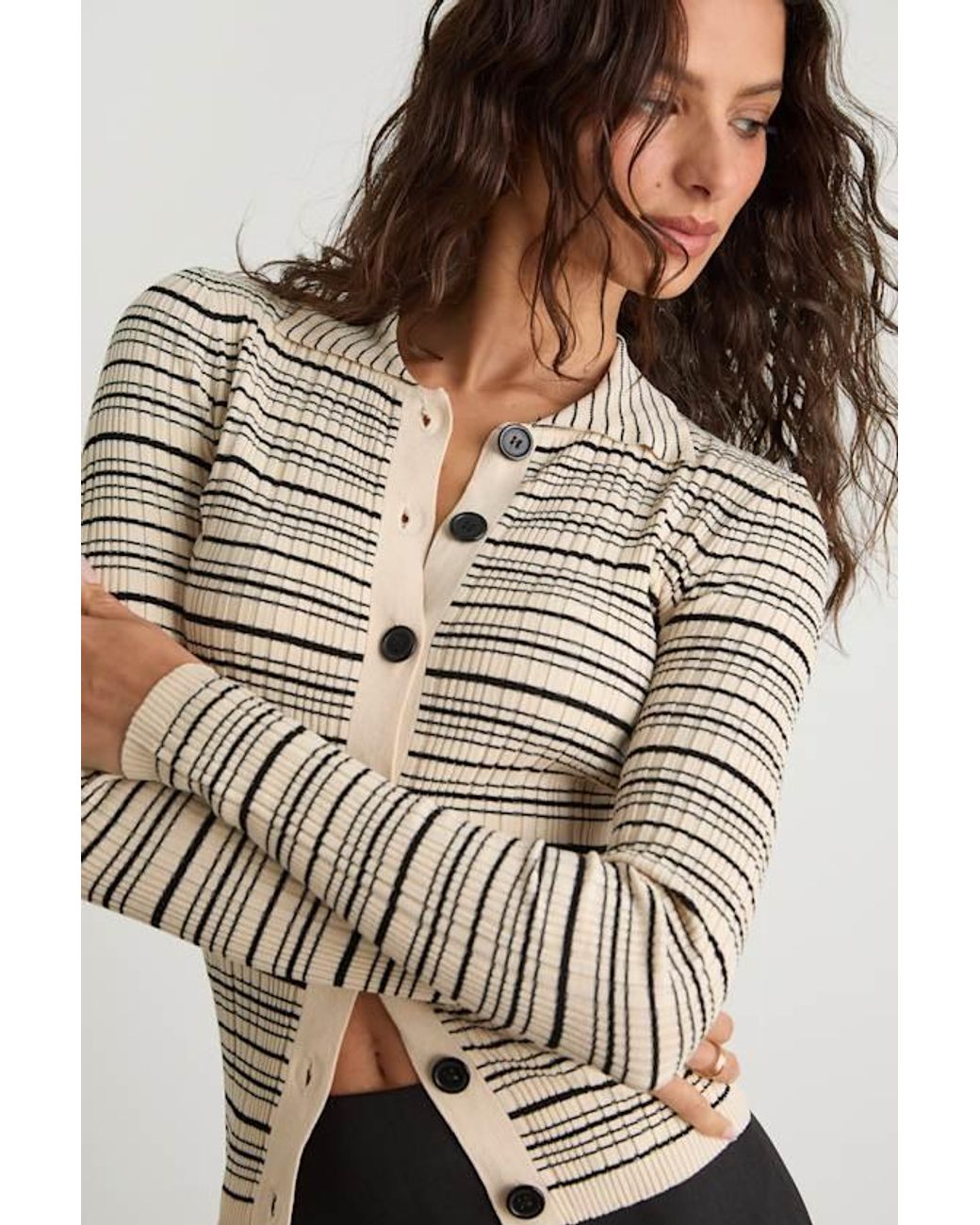 Lulus Black Lucie Cream And Striped Button-Up Sweater Top