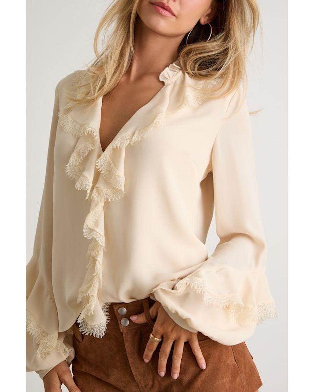 Lulus Natural Jess Cream Ruffled Lace Long Sleeve Top