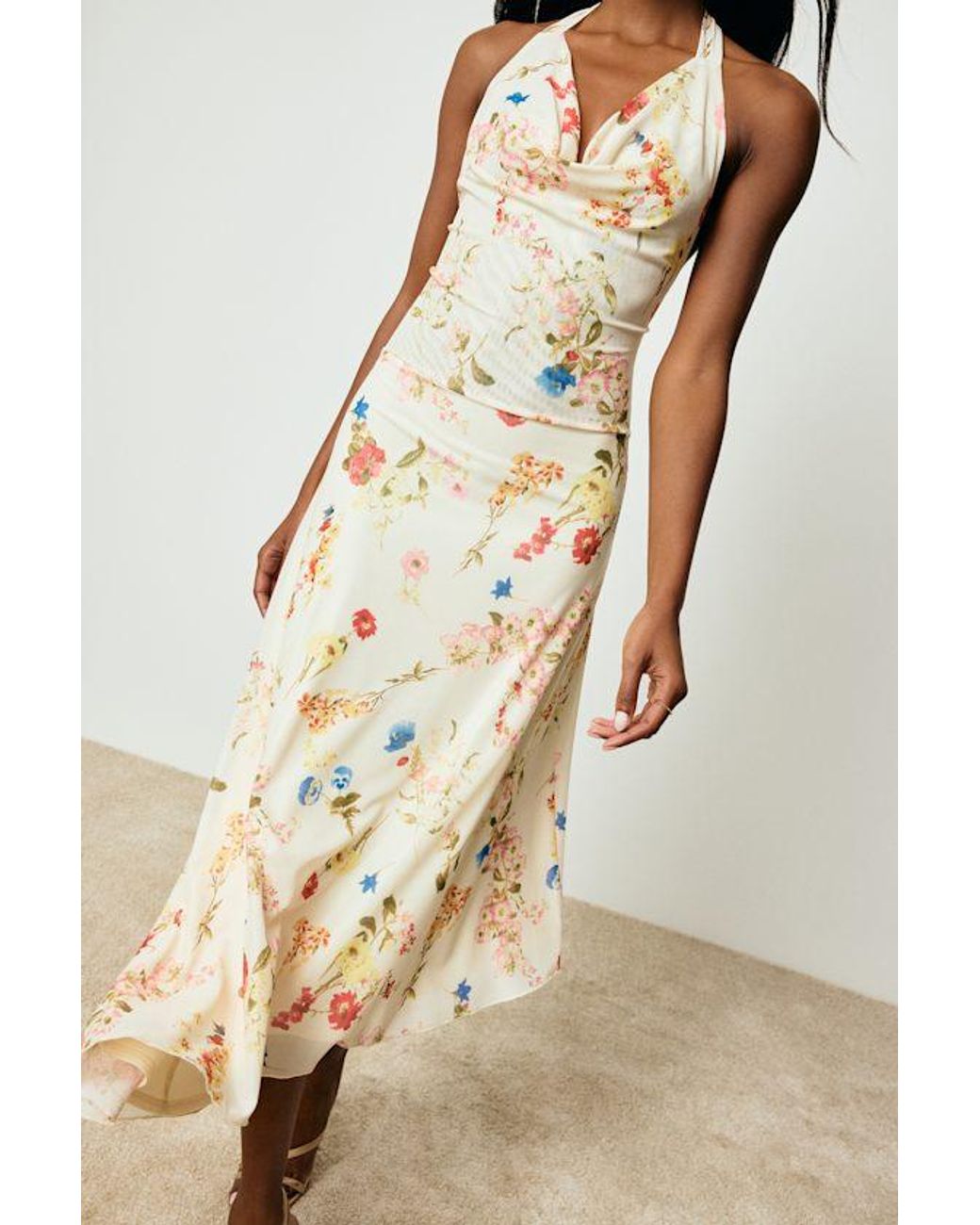 Lulus Natural Asa Cream Floral Halter Asymmetrical Midi Dress