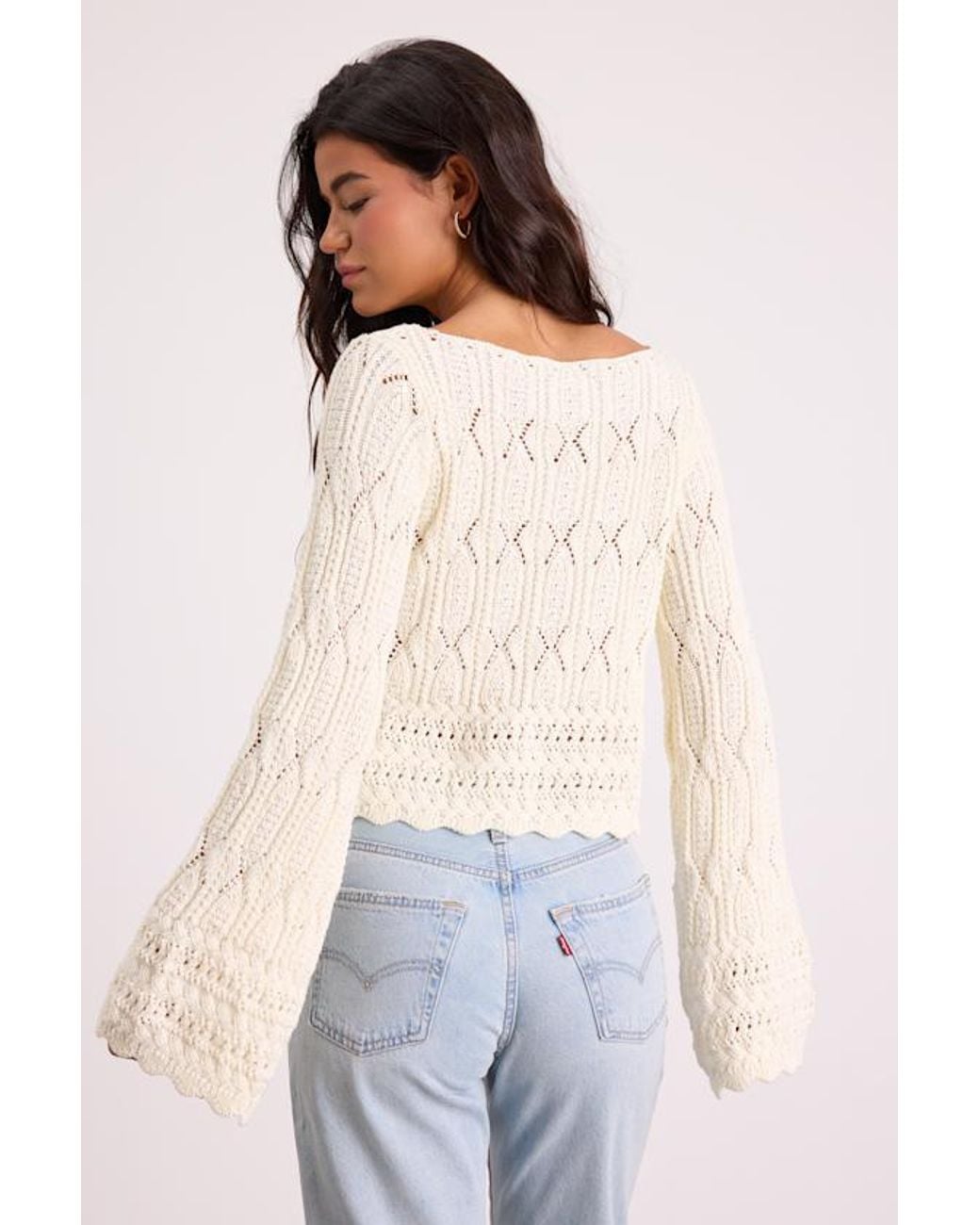 Lulus Blue Wendy Crochet Bell Sleeve Sweater