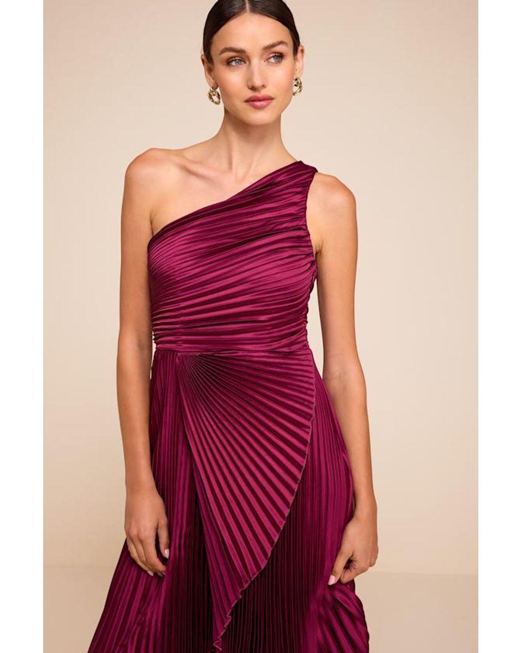 Lulus Red Adaya Satin Pleated One-Shoulder Maxi Dress