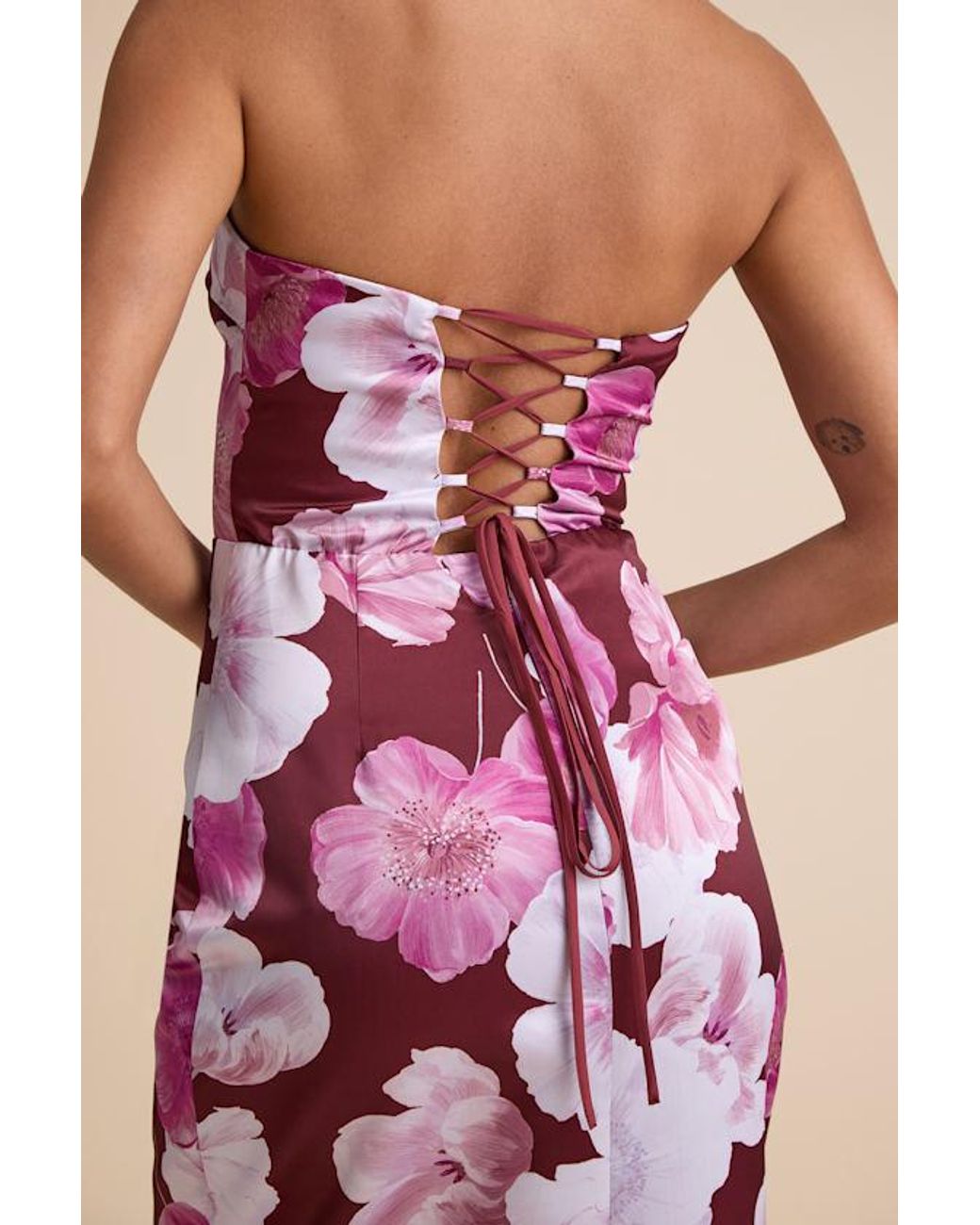 Lulus Natural Oriana Floral Satin Strapless Midi Dress