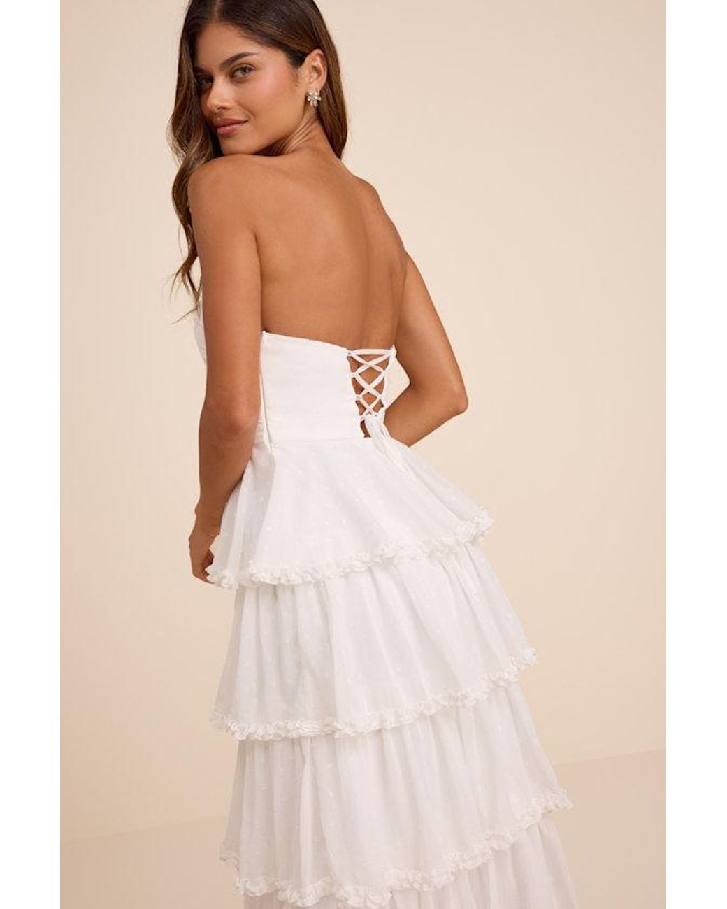 Lulus Natural Mianella Swiss Dot Tiered Maxi Dress