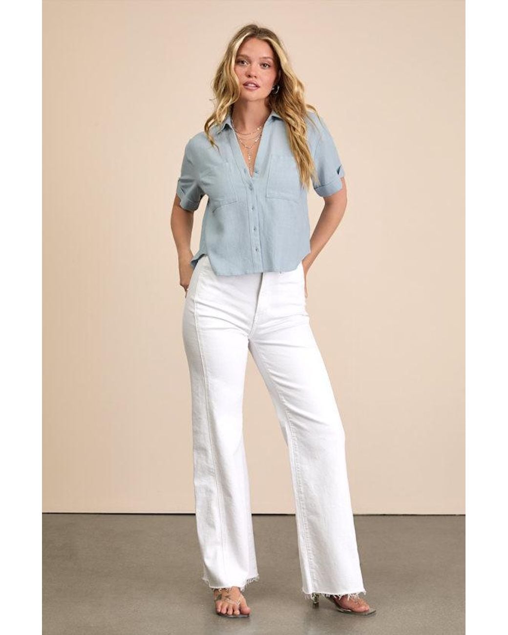 Lulus Blue Summer Escapades Linen Collared Button-Up Top