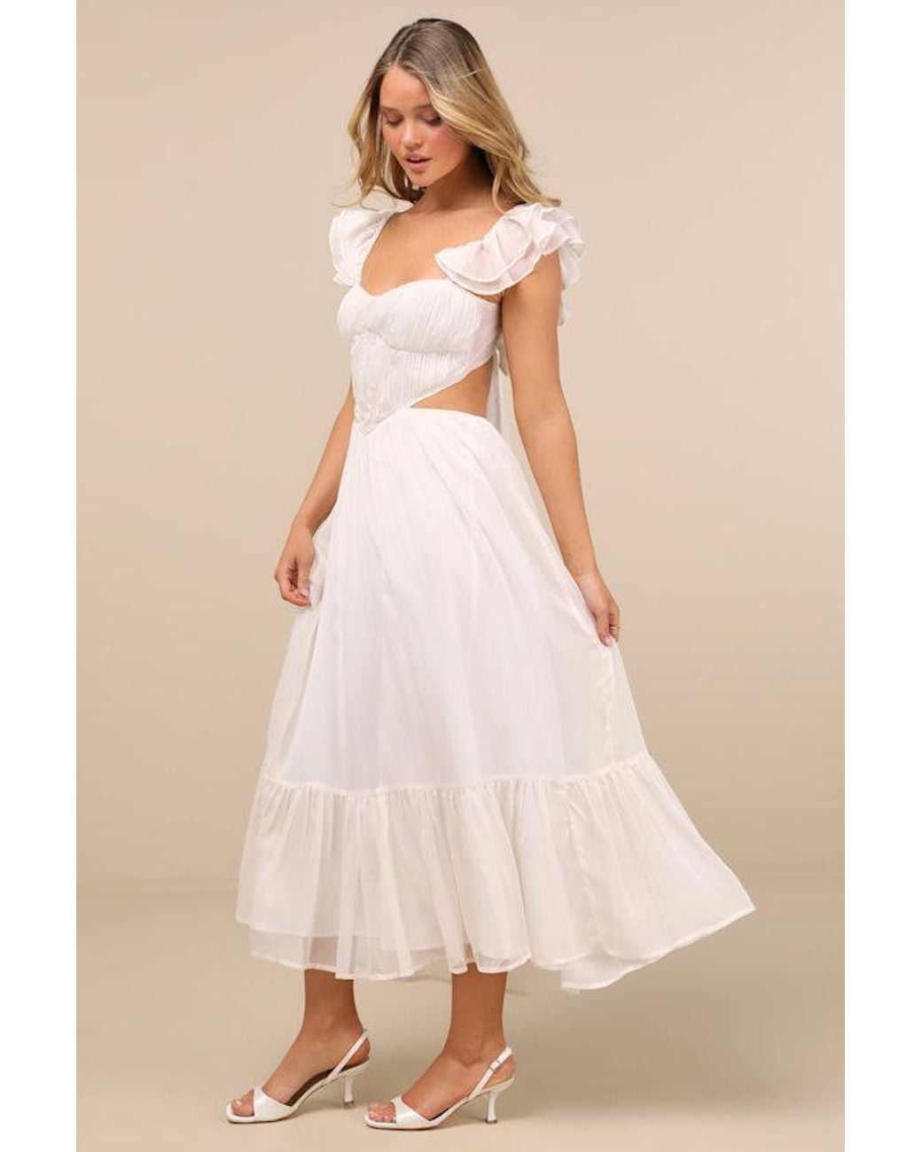 Lulus Natural Mio Pleated Tie-Back Midi Dress