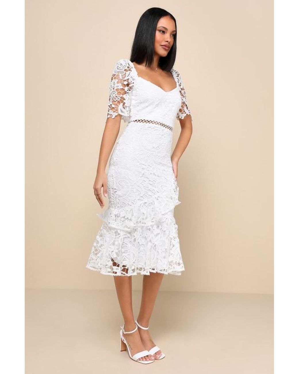 Lulus Natural Briarwood Lace Ruffled Midi Dress