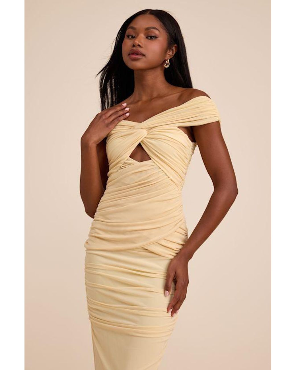 Lulus Natural Jakaya Pale Mesh Off-The-Shoulder Maxi Dress
