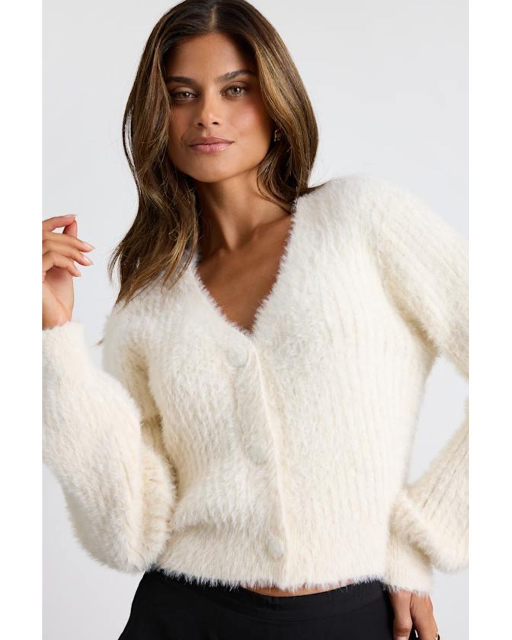 Lulus Natural Colby Eyelash Knit Button-Front Cardigan Sweater
