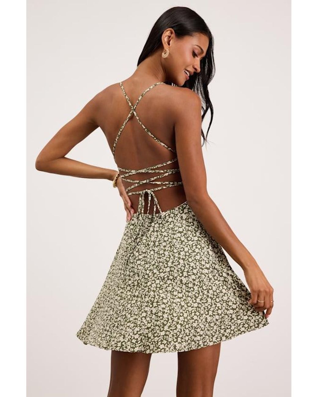 Lulus Green Sweetest Crush Floral Lace-Up Sleeveless Mini Skater Dress
