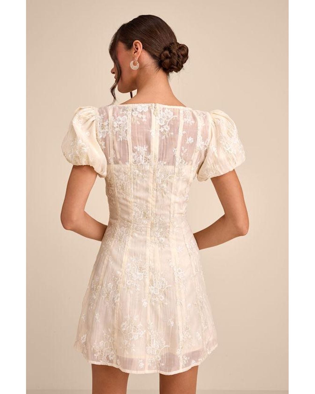 Lulus Natural Elfrieda Cream Embroidered Puff Sleeve Mini Dress