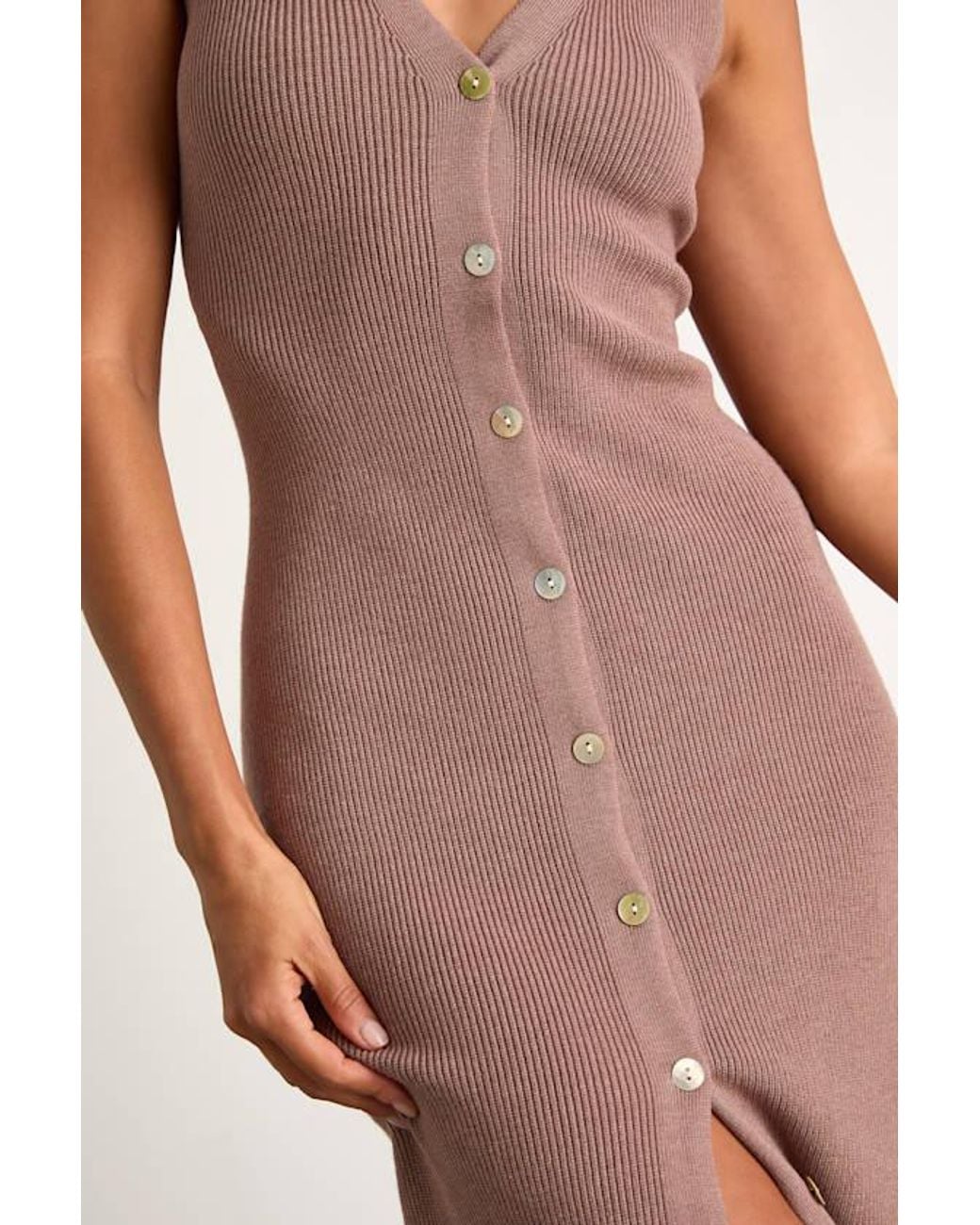 Lulus Brown Emelyne Ribbed Button-Front Sweater Midi Dress