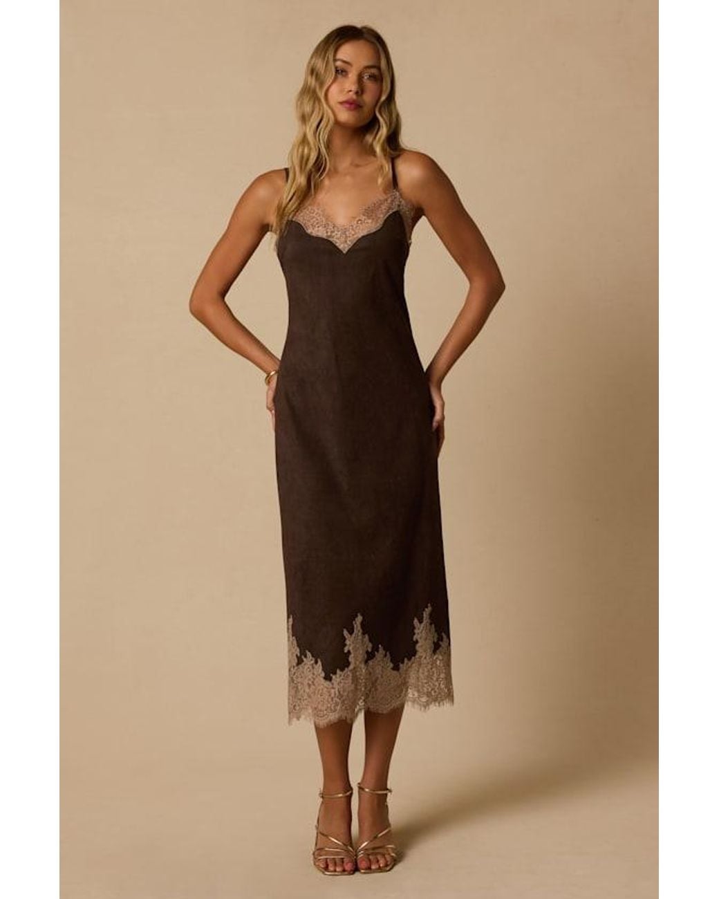 Lulus Natural Paige Suede Lace Midi Dress