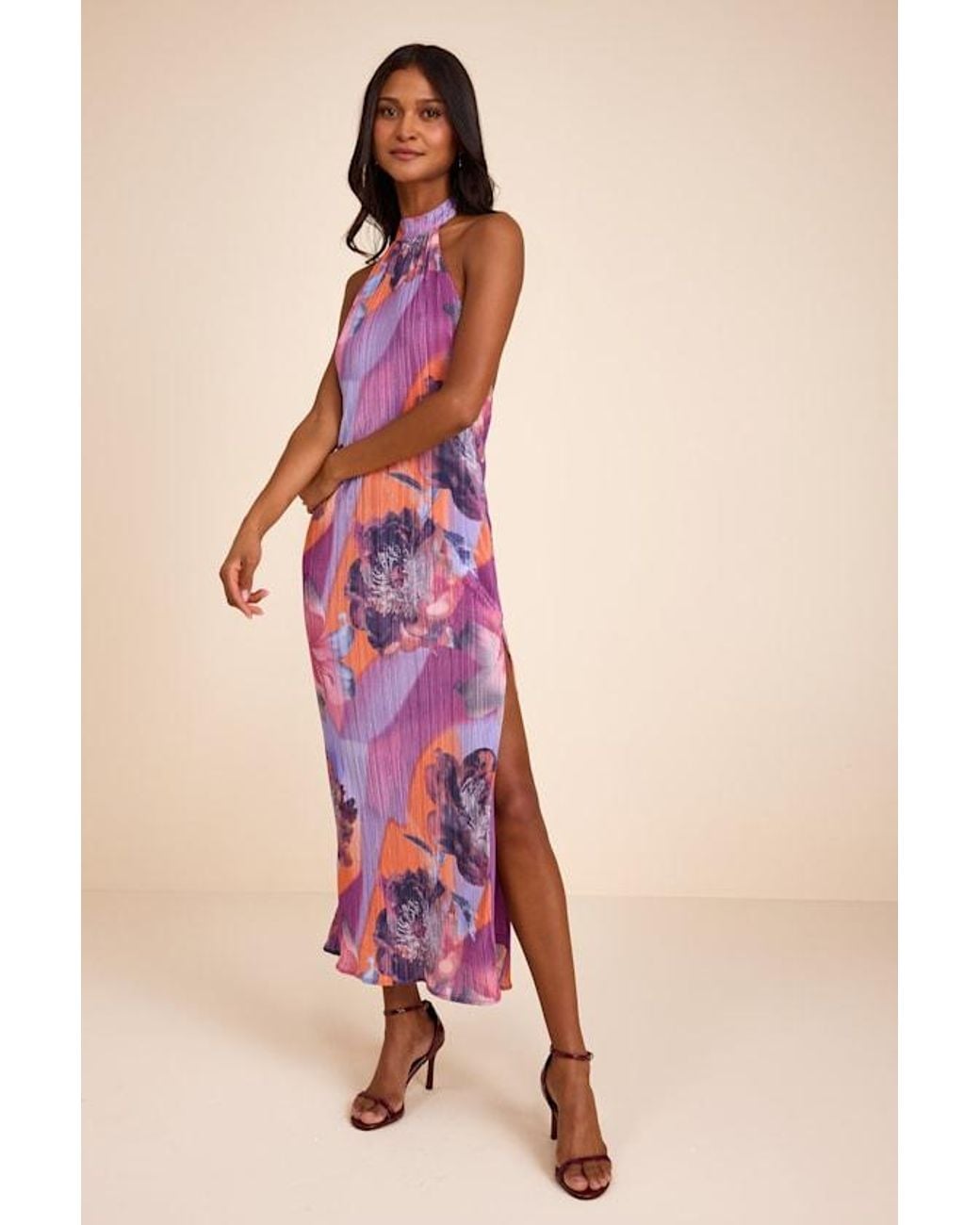 Lulus Pink Luala Multi Print Plisse Backless Maxi Dress