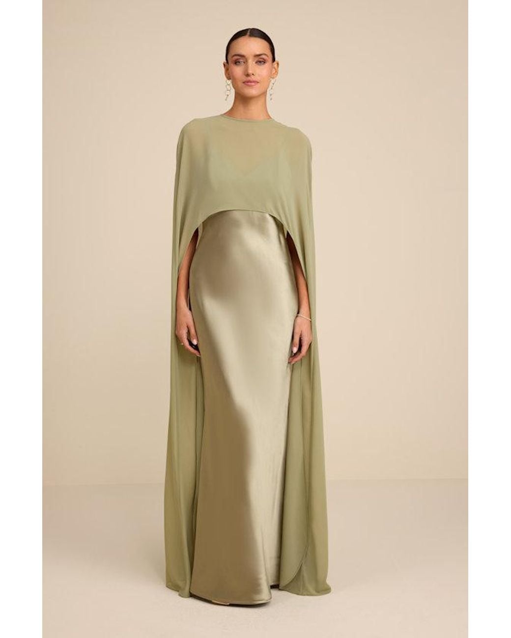 Lulus Natural Cavana Sage Satin Cape Maxi Dress