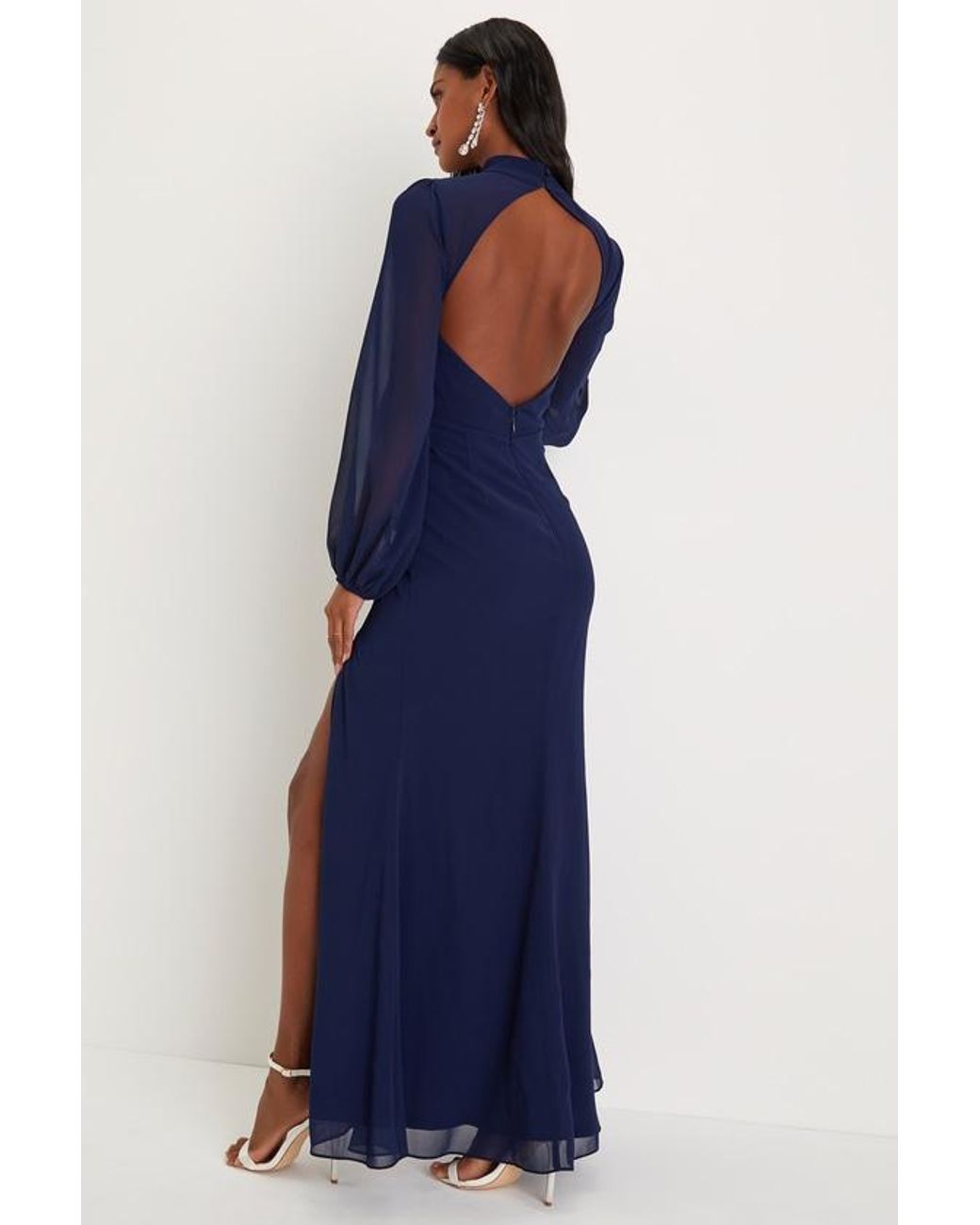 Lulus Blue Graceful Entrance Long Sleeve Backless Maxi Dress
