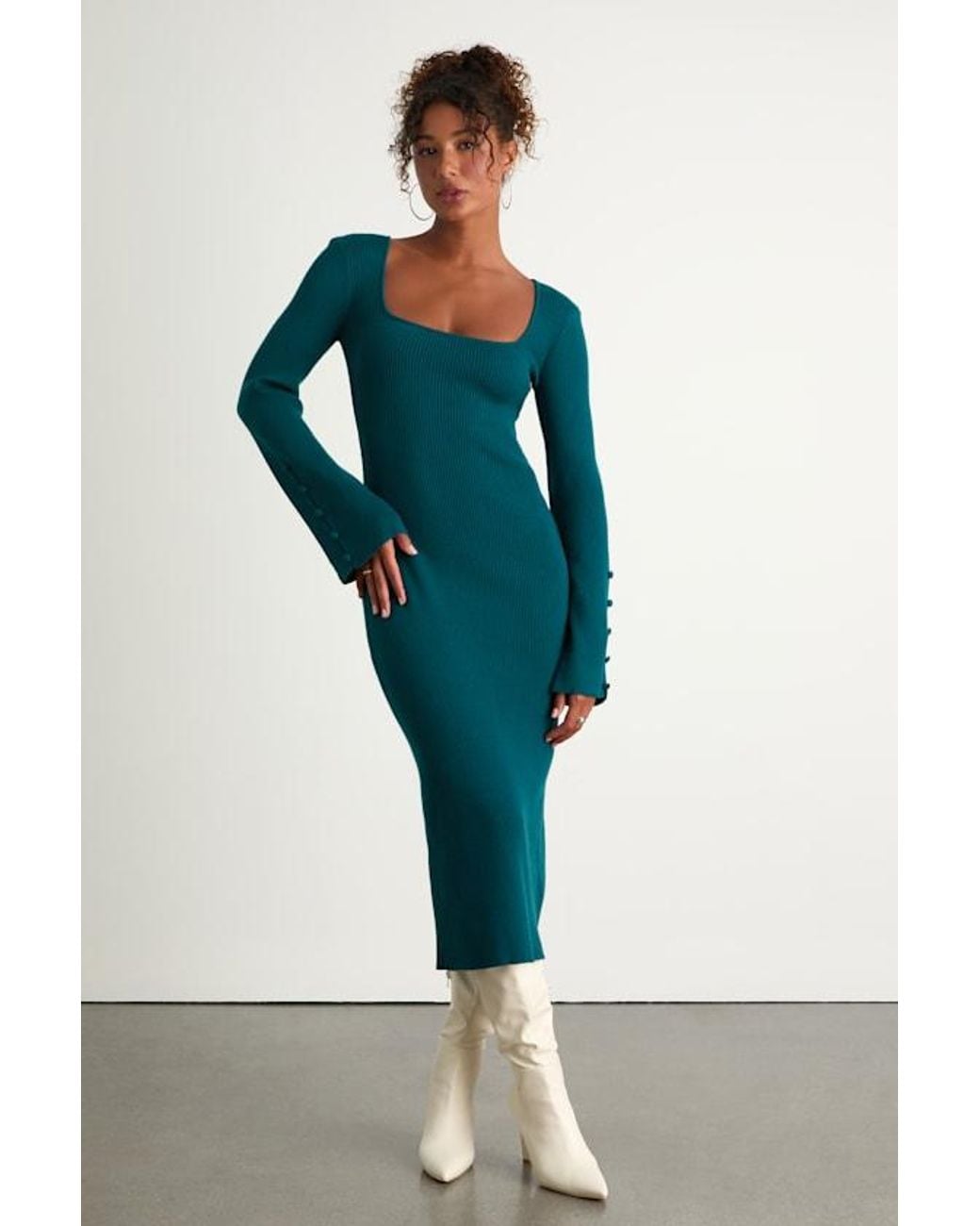 Lulus Blue Classy Attitude Emerald Ribbed Square Neck Midi Sweater Dress