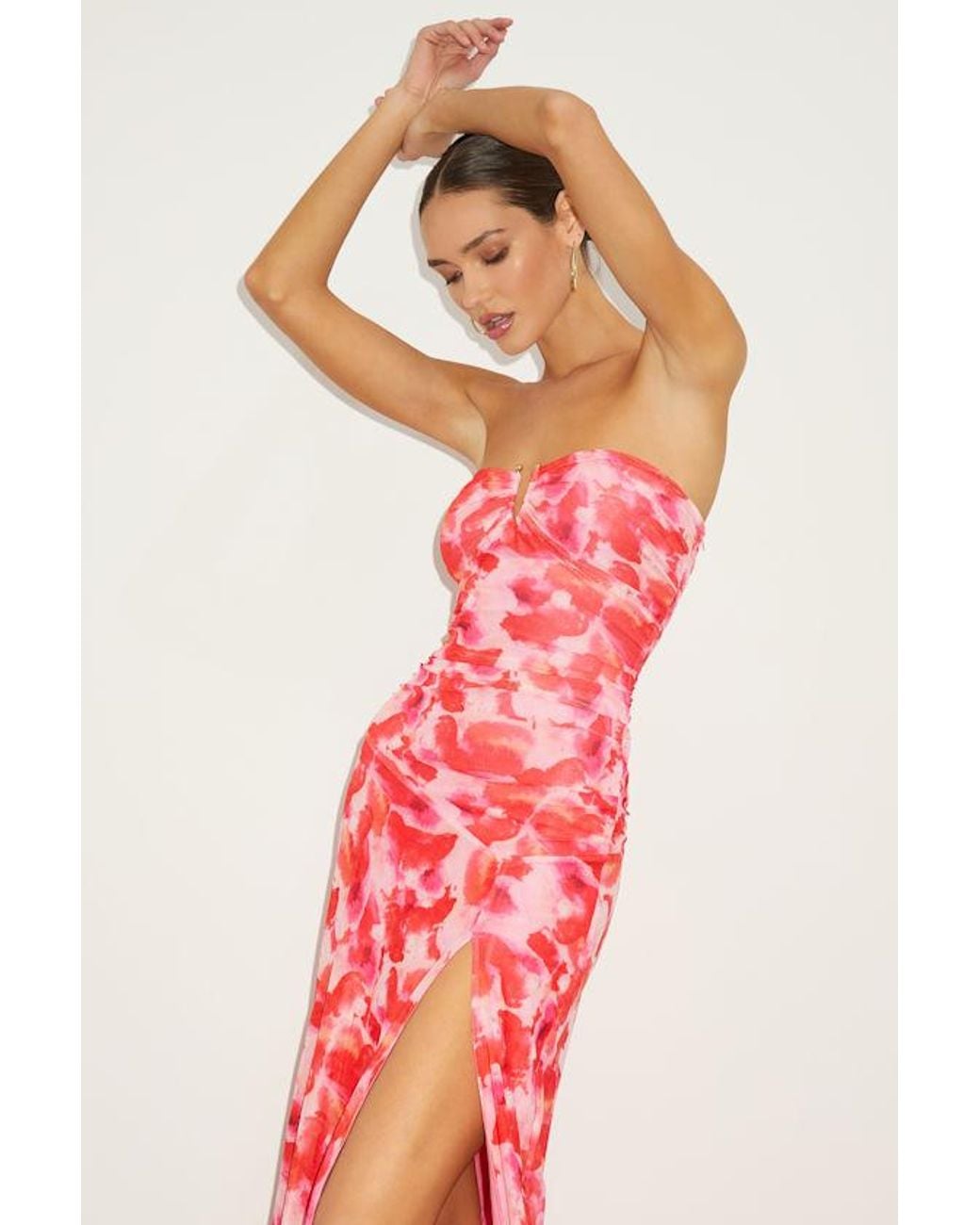 Lulus Red Chania Multi Abstract Strapless Midi Dess